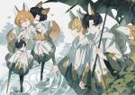  2boys absurdres animal_ears black_hair blonde_hair blue_eyes demian_(project_moon) ebf7l fox_boy fox_ears fox_tail full_body hair_over_one_eye heart highres holding_hands limbus_company multiple_boys project_moon rain short_hair sinclair_(project_moon) smile tail umbrella 