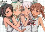  4girls absurdres black_hair blonde_hair blush bow brown_eyes brown_hair closed_mouth commentary_request dress grecale_(kancolle) green_eyes grey_eyes grey_hair grid_background hair_bow highres italian_text kantai_collection libeccio_(kancolle) long_hair maestrale_(kancolle) multiple_girls open_mouth red_bow sailor_collar sailor_dress scirocco_(kancolle) shamomo short_hair simple_background sleeveless sleeveless_dress smile white_background white_dress white_sailor_collar 