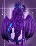  absurd_res cybernetics cyborg dragon entropystar female_(lore) goo_(disambiguation) goo_creature goo_dragon goo_dripping gooborg gynomorph hi_res intersex leash leash_pull looking_at_viewer machine melting purple_body purple_dragon queen_vinyl_da.i&#039;gyu-kazotetsu standing 