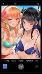  2girls absurdres bikini_tan blush breasts earrings fake_phone_screenshot fake_screenshot feather_earrings feathers gradient_hair green_hair highres hololive hololive_english jewelry kivo large_breasts long_hair looking_at_viewer multicolored_hair multiple_girls navel nerissa_ravencroft orange_hair smile swimsuit takanashi_kiara tan tanlines tongue tongue_out virtual_youtuber 