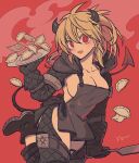  1girl :d absurdres apron black_apron black_footwear black_horns blonde_hair boots breasts chaps cowboy_shot demon_horns demon_tail dorohedoro dumpling food hair_between_eyes hand_up highres horns jiaozi large_breasts long_hair looking_at_viewer meremero nikaidou_(dorohedoro) open_mouth oven_mitts red_background red_eyes smile solo spatula standing standing_on_one_leg tail 