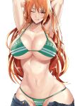  1girl arms_behind_head bikini blush breasts cleavage cowboy_shot highres kawabata_yoshihiro large_breasts long_hair looking_at_viewer nami_(one_piece) navel one_piece orange_eyes orange_hair smile solo stomach swimsuit tattoo white_background 