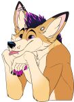  alpha_channel anthro arm_support black_body black_claws black_ears black_eyebrows black_fur black_hair black_nose blep canid canine cheek_tuft chest_tuft claws closed_smile dipstick_ears dubsthefox ear_piercing ear_ring eyebrows facial_piercing facial_tuft fennec finger_claws fox fur gauged_ear glistening glistening_eyes glistening_nose gloves_(marking) gradient_fur hair hi_res industrial_ladder_piercing industrial_piercing inner_ear_fluff leaning_on_elbow lip_piercing lip_ring looking_up male mammal markings multicolored_ears multicolored_hair ninetht orange_body orange_ears orange_fur pawpads piercing pink_eyes pink_hair pink_inner_ear pink_pawpads red_tongue ring_piercing simple_background solo stud_piercing tan_body tan_fur tan_inner_ear_fluff tongue tongue_out tongue_piercing transparent_background tuft two_tone_hair whisker_spots 