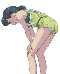  1girl black_eyes black_hair commentary_request eyelashes feet_out_of_frame green_shirt green_shorts hands_on_own_knees highres leaning_forward open_mouth original panties pantyshot shirt short_hair shorts simple_background solo sumiyama track_uniform underwear white_background 