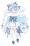 1girl absurdres ahoge alternate_costume bandaid bandaid_on_leg bare_shoulders black_footwear blue_bow blue_eyes blue_hair blue_kimono bow camisole cirno commentary_request fang floral_print flower full_body hair_flower hair_ornament hands_up highres japanese_clothes kimono long_sleeves looking_at_viewer nikorashi-ka off_shoulder open_mouth puffy_shorts shoes shorts simple_background socks solo tassel tassel_hair_ornament touhou waist_bow white_background white_camisole white_shorts white_socks wide_sleeves 