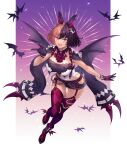  1girl animal_ears bat_(animal) bat_girl bat_wings black_gloves black_hair boots breasts cleavage commission e_(eokiba) garter_straps gloves hex_juice highres indie_virtual_youtuber large_breasts leaning_forward looking_at_viewer medium_hair multicolored_hair open_mouth pink_eyes pink_hair red_thighhighs short_shorts shorts skeb_commission smile solo split-color_hair thighhighs virtual_youtuber wings 