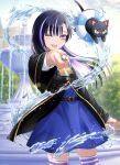  ;d animal aria_aquarius bangs black_cat black_hair black_jacket blue_skirt blurry blurry_background bow cat commentary_request depth_of_field fangs fountain high-waist_skirt highres holding holding_wand hydrokinesis jacket kuroneko_to_majo_no_kyoushitsu lifebuoy long_hair looking_at_viewer multicolored_hair natsupa one_eye_closed outdoors purple_eyes purple_hair shirt skirt smile standing streaked_hair striped striped_thighhighs thighhighs very_long_hair wand water white_shirt yellow_bow 