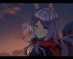  1girl absurdres animal_ears cloud cloudy_sky dawn highres horse_ears horse_girl jenshenya long_hair looking_at_viewer mejiro_mcqueen_(umamusume) night outdoors purple_eyes purple_hair red_scarf ribbon scarf sky solo umamusume 