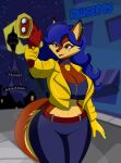 2023 absurd_res anthro big_breasts big_butt blue_hair breasts butt canid canine carmelita_fox cleavage clothed clothing collar female fox gun hair hi_res mammal markings mole_(marking) pauser95 ranged_weapon signature sly_cooper_(series) solo sony_corporation sony_interactive_entertainment sucker_punch_productions tail thick_thighs weapon wide_hips
