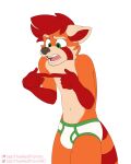 absurd_res anthro briefs clothing fingers_together fur green_eyes green_seam_briefs hi_res looking_down male orange_body orange_fur red_body red_fur seb_the_red_panda sebtheredpanda shy simple_background solo standing underwear white_briefs white_clothing white_underwear