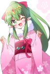  1girl alternate_costume blush commentary_request fire_emblem fire_emblem:_mystery_of_the_emblem green_eyes green_hair hair_between_eyes high_ponytail highres japanese_clothes kimono long_hair mmmera827 one_eye_closed open_mouth pink_kimono pointy_ears smile solo tiara tiki_(fire_emblem) tiki_(young)_(fire_emblem) white_background 