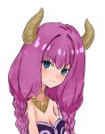  1girl aura_(sousou_no_frieren) blue_eyes blush braid breasts choker cleavage demon_girl demon_horns dress horns joylispark looking_at_viewer looking_to_the_side low-braided_long_hair purple_dress purple_hair simple_background smile solo sousou_no_frieren twin_braids upper_body white_background yellow_choker 