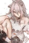  1girl absurdres animal_ears black_choker black_nails choker dokuro_deluxe ear_piercing grey_eyes grey_hair hair_over_one_eye highres hololive lion_ears lion_girl lion_tail long_hair looking_at_viewer messy_hair nail_polish off-shoulder_shirt off_shoulder piercing shirt shishiro_botan simple_background sitting solo ssrb t-shirt tail virtual_youtuber white_background white_shirt 