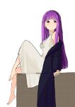  1girl barefoot black_robe blunt_bangs blush closed_mouth dress fern_(sousou_no_frieren) from_side hand_rest joylispark knee_up long_hair looking_to_the_side off_shoulder purple_eyes purple_hair robe sidelocks simple_background sitting smile sousou_no_frieren straight_hair white_background white_dress 