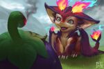 anthro dragon duo eggplant female feral fire food fruit grass green_eyes hi_res league_of_legends male mountain plant pupils red_body riot_games slit_pupils smile smolder_(lol) tan_body timotimo628