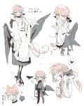  1boy animal_ears apron arrow_(symbol) bird_legs brown_hair chinese_commentary claws closed_mouth commentary_request crossdressing dot_nose frilled_apron frills gakuran glasses hair_intakes hand_up harpy_boy hatching_(texture) heart holding kemonomimi_mode linear_hatching long_hair long_sleeves looking_at_viewer maid_headdress mars_symbol messy_hair mole mole_under_eye monster_boy multiple_views notice_lines open_mouth original pants partially_colored pleated_skirt profile school_uniform simple_background sketch skirt smile somalia spoken_heart surprised translation_request unfinished white_background wide_sleeves wings wolf_ears yellow_eyes 
