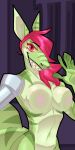 anthro breasts dixxye(the_verlagsjel) female fish green_body hair hi_res humanoid hybrid looking_at_viewer machine mammal marine nude pink_eyes pink_hair protogen shark smile solo the_verlagsjel wide_hips