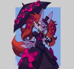 2019 anthro braixen claws clothing dipstick_tail female frilly frilly_clothing fur generation_6_pokemon goiaba goth gothic_lolita hat headgear headwear hi_res holding_parasol lolita_(fashion) looking_at_viewer markings multicolored_body multicolored_fur nintendo offering_hand parasol pawpads pokemon pokemon_(species) purple_body purple_fur red_body red_eyes red_fur ribbon_clothing shiny_pokemon signature solo tail tail_markings tiny_top_hat top_hat two_tone_body two_tone_fur