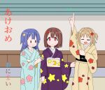  3girls :o aqua_kimono arm_up bear_hair_ornament blue_hair blunt_bangs blunt_ends blush blush_stickers bob_cut brown_hair cherry_blossom_print closed_eyes closed_mouth commentary_request crescent_moon deformed double-parted_bangs flat_chest flipped_hair floral_print floral_print_kimono flower furisode furrowed_brow hair_flower hair_ornament hairclip hand_on_another&#039;s_arm hand_on_another&#039;s_hip hand_up highres hozuki_momiji index_finger_raised japanese_clothes kimono leaf leaf_hair_ornament looking_at_another maple_leaf moon multiple_girls oka_asahi onii-chan_wa_oshimai! open_mouth purple_kimono red_eyes red_flower shiro_ookami_ro short_hair side-by-side sidelocks smile solid_oval_eyes standing star_(symbol) star_print tareme tenkawa_nayuta translation_request two_side_up wavy_mouth yellow_kimono 