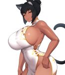  1girl absurdres animal_ears bare_arms black_eyes black_hair breasts cat_ears cat_girl cat_tail chikaretsu china_dress chinese_clothes closed_mouth covered_navel cowboy_shot dark-skinned_female dark_skin dress frown highres huge_breasts one_eye_closed original scar short_hair sideboob sleeveless solo tail tight_clothes tight_dress white_dress 