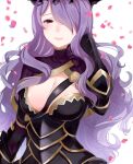  1girl armor black_armor blush breasts camilla_(fire_emblem) cleavage fire_emblem fire_emblem_fates gloves hair_over_one_eye haru_(nakajou-28) highres large_breasts leather_strap lips long_hair looking_at_viewer mature_female petals purple_eyes purple_hair rose_petals smile solo tiara upper_body wavy_hair white_background 