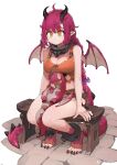  1girl absurdres ahoge barefoot brown_shorts commentary_request crop_top dragon dragon_horns dragon_wings highres horns jun_(navigavi) long_hair midriff navel orange_tank_top original purple_hair short_shorts shorts sitting solo stomach tank_top thighs very_long_hair white_background wings yellow_eyes 