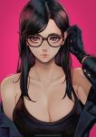  1girl adjusting_hair artist_name bangs black-framed_eyewear black_gloves black_hair black_jacket black_shirt breasts cleavage collarbone glasses gloves highres jacket large_breasts long_hair looking_at_viewer magion02 minakata_hizuru mole mole_under_mouth open_clothes open_jacket patreon_username pink_background purple_eyes shirt simple_background sleeveless sleeveless_shirt solo summertime_render swept_bangs tank_top thick_eyebrows upper_body 