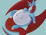 2022 absurd_res ambiguous_gender belly belly_rub belly_squish big_belly blue_background blue_body claws digital_drawing_(artwork) digital_media_(artwork) disembodied_hand dragon duo eyes_closed fangs feral generation_3_pokemon grey_body grey_scales hand_on_stomach happy hi_res long_tail lying multicolored_body nintendo on_back open_mouth open_smile overweight overweight_ambiguous overweight_feral pokemon pokemon_(species) quadruped red_body reptile salamence scales scalie simple_background smile solo_focus squish tail teeth wings xeniyy