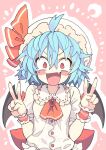  1girl :d absurdres ahoge bat_wings blouse blue_hair blush_stickers breasts brooch commentary double_v fang hat highres jewelry mob_cap morino_hon open_mouth red_eyes remilia_scarlet sash shirt short_hair small_breasts smile solo symbol-only_commentary touhou upper_body v v-shaped_eyebrows wide-eyed wings wrist_cuffs 