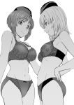  2girls arms_behind_back bow bow_panties bra breasts closed_mouth cover cover_page cowboy_shot garrison_cap girls_und_panzer greyscale hat highres itsumi_erika large_breasts looking_at_viewer medium_hair monochrome multiple_girls navel nishizumi_miho panties simple_background smile stomach sutahiro_(donta) underwear 