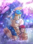 abs anthro athletic athletic_anthro athletic_male capcom couple dragokaizer666 duo fanged_wyvern hi_res hot_spring male male/male monster_hunter muscular muscular_anthro muscular_male pecs size_difference water zinogre