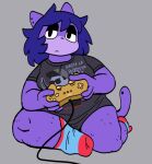 2023 anarchoblues anthro baggy_clothing biped black_clothing black_shirt black_topwear blue_hair breasts clothing controller domestic_cat ear_piercing ear_stud felid feline felis female footwear front_view fur furgonomics furry-specific_piercing game_controller gaming grey_background hair half-closed_eyes holding_controller holding_game_controller holding_object julie_(anarchoblues) lidded_eyes mammal narrowed_eyes nintendo overweight overweight_anthro overweight_female piercing purple_body purple_fur shirt simple_background sitting sneed&#039;s_feed_and_seed socks solo tail tail_piercing terminator_(franchise) text text_on_clothing text_on_shirt text_on_topwear thick_thighs topwear wii