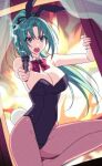  1girl aiming aiming_at_viewer animal_ears black_leotard bow bowtie breasts brown_pantyhose cleavage commentary_request detached_collar fake_animal_ears feet_out_of_frame fire green_eyes green_hair gun handgun highres higurashi_no_naku_koro_ni korean_commentary large_breasts leotard long_hair nonanonnon6u6 open_mouth pantyhose playboy_bunny ponytail rabbit_ears rabbit_tail red_bow red_bowtie revolver round_teeth solo sonozaki_mion strapless strapless_leotard tail teeth upper_teeth_only weapon wrist_cuffs 