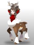 absurd_res antlers blue_eyes breasts brown_body brown_fur brown_hair clothed clothing female fur generation_5_pokemon gradient_background hair hands_behind_head hi_res hilda_(pokemon) horn joyvell looking_at_viewer nintendo pokemon pokemon_(species) pokemon_taur sawsbuck simple_background smile solo standing taur white_body white_fur winter_sawsbuck