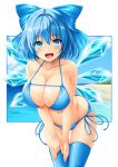  1girl bare_shoulders beach bikini blue_bikini blue_eyes blue_hair blue_sky blue_thighhighs blush breasts cirno cleavage cloud collarbone commentary commission crystal_wings hair_ribbon hand_on_own_leg highres kamiya_tomoe large_breasts leaning_forward light_blue_hair looking_at_viewer medium_hair midriff navel ocean open_mouth pixiv_commission redrawn ribbon side-tie_bikini_bottom sidelocks sky swimsuit thighhighs touhou 