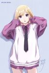  1girl :o bangs black_necktie blonde_hair blue_background commentary_request dated dated_commentary hair_ornament hairclip highres long_sleeves looking_at_viewer necktie nii_manabu open_mouth original parted_bangs purple_eyes purple_shirt shirt short_hair signature simple_background solo sweater_vest thighs white_sweater_vest 