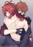  2boys back black_gloves black_shirt blue_eyes diluc_(genshin_impact) earrings genshin_impact gloves hair_between_eyes hiki_yuichi hug jewelry long_hair long_sleeves male_focus multiple_boys orange_hair red_eyes red_hair scar scar_on_back shirt single_earring tartaglia_(genshin_impact) yaoi 