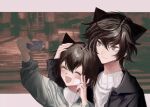  2boys animal_ears aoyagi_ritsuka aoyagi_seimei arm_up bandage_on_face bandages black_hair black_jacket blurry blurry_background blush brothers cat_boy cat_ears cellphone closed_eyes commentary green_jacket grey_eyes hand_on_another&#039;s_head hand_up happy highres holding holding_phone hood hooded_jacket jacket loveless male_focus multiple_boys open_mouth outdoors phone photo_background playground selfie short_hair siblings smartphone smile standing sweater taking_picture turtleneck upper_body user_nfzt8223 v wavy_hair white_sweater 
