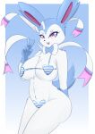  anthro breasts clothed clothing eeveelution female generation_6_pokemon gesture hi_res looking_at_viewer nintendo open_mouth pilu_(artist) pokemon pokemon_(species) purple_eyes solo sylveon v_sign video_games white_body 