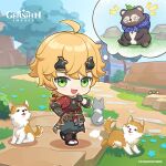  1boy :d absurdres ahoge animal armor baggy_pants bake-danuki_(genshin_impact) birthday black_gloves black_shirt blonde_hair brown_footwear cat chibi commentary copyright_name day dog dot_nose fingerless_gloves full_body genshin_impact gloves grass green_eyes green_hair hand_on_own_hip highres japanese_clothes logo long_hair looking_at_viewer male_focus official_art open_mouth outdoors pants shirt smile standing thai_commentary thoma_(genshin_impact) thought_bubble toeless_footwear tree 