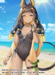  1girl animal_ears anubis_(kemono_friends)_(saika_ryougi) arm_at_side bangs beach blonde_hair blue_hair blue_sky blunt_bangs borrowed_character breasts brown_hair closed_mouth collarbone day english_commentary eyelashes eyeshadow hair_ornament hand_in_own_hair hand_up holster horizon jewelry kemono_friends long_hair looking_at_viewer makeup menna_(0012) multicolored_hair ocean one-piece_swimsuit original outdoors shawl shiny shiny_skin skindentation sky small_breasts smile solo sun swimsuit tail tan thigh_holster water water_gun yellow_eyes 