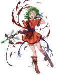  1girl blue_sash boots bracelet brown_footwear damaged dress fire_emblem fire_emblem:_thracia_776 fire_emblem_heroes full_body green_eyes green_hair highres holding holding_staff jewelry medium_hair non-web_source official_art one_eye_closed red_dress sash solo staff tina_(fire_emblem) torn_clothes 