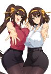  2girls black_skirt bob_cut breasts brown_eyes brown_hair brown_pantyhose collared_shirt covered_nipples dress_shirt dual_persona foreshortening hairband haruhisky highres large_breasts long_hair lying multiple_girls pantyhose pencil_skirt reaching reaching_towards_viewer red_sweater ribbed_sweater shirt short_hair simple_background skirt sleeveless sleeveless_sweater suzumiya_haruhi suzumiya_haruhi_no_shoushitsu suzumiya_haruhi_no_yuuutsu sweater white_background white_shirt 