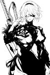  1girl 2b_(nier:automata) breasts cleavage cleavage_cutout clothing_cutout commentary dress feather_trim gloves greyscale hair_ornament hairband hand_up highres lips long_sleeves medium_breasts mole mole_under_mouth monochrome nier:automata nier_(series) nishiii26miii puffy_sleeves short_hair solo sword turtleneck weapon weapon_on_back white_background 