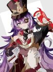  1girl animal bare_shoulders bird chevreuse_(genshin_impact) closed_eyes clothed_animal detached_sleeves dog dress earmuffs earmuffs_around_neck eyepatch genshin_impact hat highres long_hair loomyoi2 multicolored_hair purple_eyes purple_hair red_dress shako_cap sketch smile solo streaked_hair two-tone_hair very_long_hair white_hair 