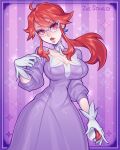  1girl artist_name breasts choker cleavage collarbone cosplay dress glacia_(pokemon) glacia_(pokemon)_(cosplay) gloves holding holding_poke_ball large_breasts lorelei_(pokemon) poke_ball pokemon purple_background purple_dress red_eyes red_hair solo sparkle tagme white_choker white_gloves zoe_stanley zoestanleyarts 