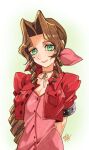  1girl aerith_gainsborough arms_behind_back braid braided_ponytail braided_sidelock brown_hair buttons choker dress final_fantasy final_fantasy_vii gradient_background green_eyes hair_ribbon highres jacket looking_at_viewer parted_bangs pink_dress pink_ribbon red_jacket ribbon serieru_(summertosuika) short_sleeves sidelocks signature smile solo upper_body 