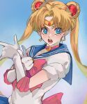  1girl back_bow bishoujo_senshi_sailor_moon blonde_hair blue_background blue_eyes blue_skirt blue_sky bow choker circlet crescent crescent_choker crescent_earrings double_bun earrings eyelashes film_grain gem gloves hair_bun highres jewelry large_bow long_eyelashes long_hair looking_at_viewer oj_0624 open_mouth pink_bow pink_choker red_gemstone sailor_moon skirt sky solo teeth tongue tsukino_usagi twintails white_gloves 