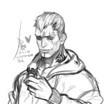  1boy affectionate alternate_costume animal animal_request bara blush bryan_fury greyscale heart hood hoodie male_focus mature_male monochrome muscular muscular_male short_hair sideburns sketch smile solo tekken upper_body white_hair yi_lee 