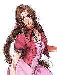  1girl aerith_gainsborough ah_yoshimizu bow brown_hair commentary cropped_jacket dress final_fantasy final_fantasy_vii final_fantasy_vii_remake green_eyes hair_bow hand_up head_tilt highres jacket jewelry leaning_forward light_smile long_dress looking_at_viewer necklace open_clothes open_jacket parted_bangs pink_bow pink_dress red_jacket short_sleeves sidelocks simple_background smile solo standing upper_body wavy_hair white_background 